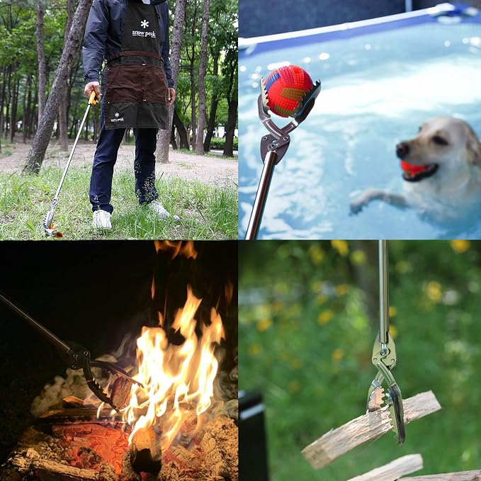 FTH Stainless Steel Grabber Reacher Pickup Tool Heavy Duty Trash Picker 48" | Log BBQ fireplace pits snake tongs plogging tool no wire design outdoor yard cleanup litter picker leaves branches sticks