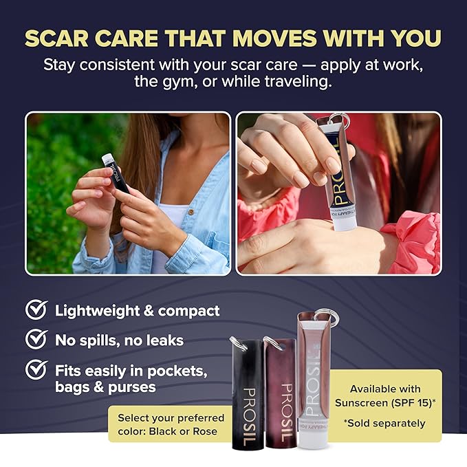 ProSil Elite Carry™ Palm-Sized Silicone Scar Stick – Twist & Protect Keychain Design Scar Treatment for Easy, On-the-Go Application – Secure Dial with One-Handed Use Silicone Stick – Black Sleeve