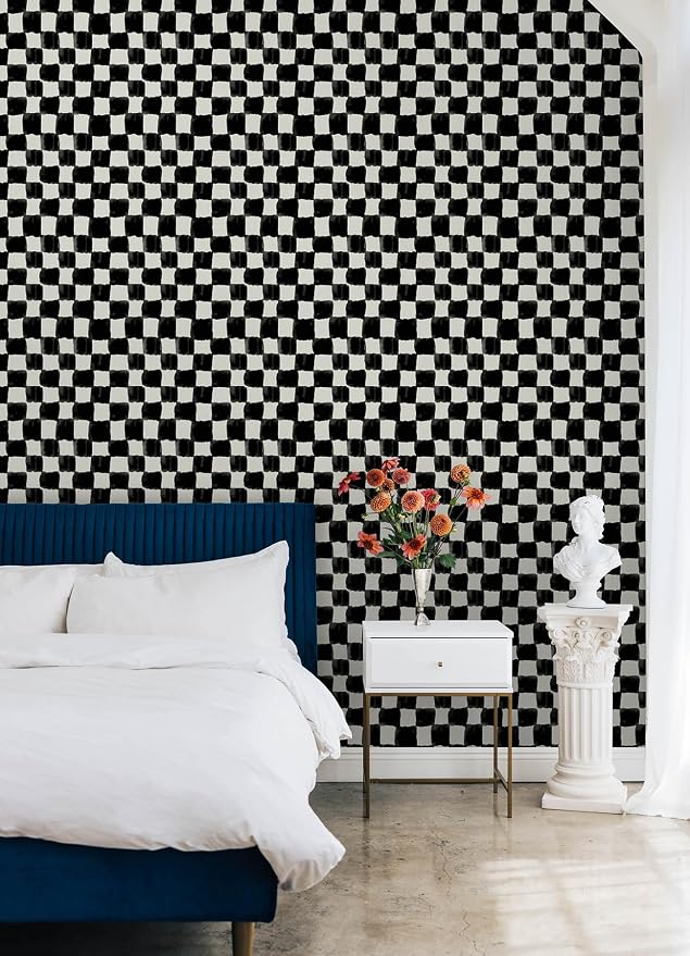 Mr. Kate RoomMates Tess Watercolor Soft Black Checker Peel and Stick Wallpaper, Vinyl, 20.5-in x 18-ft