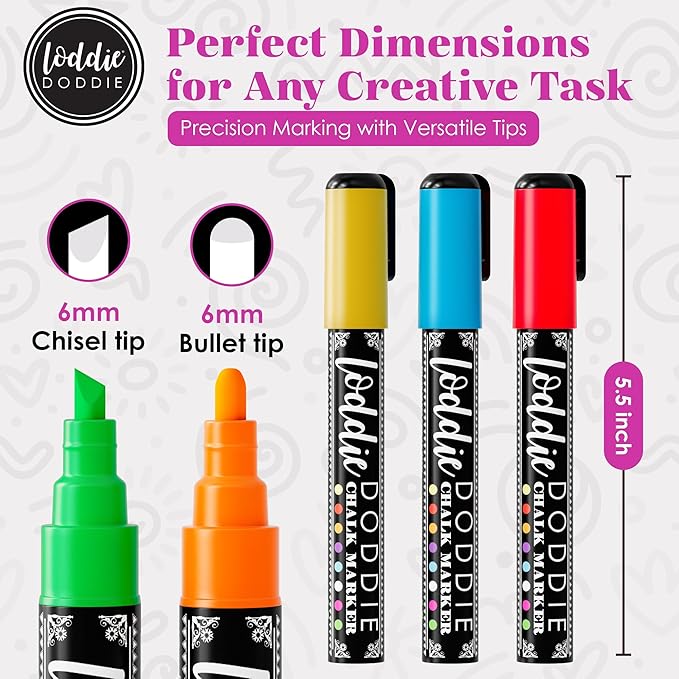 Loddie Doddie Liquid Chalk Markers - 16-Pack, 6mm Dual Tips - Chalk Markers for Blackboard & Chalkboard Paint - Washable Window Pens for Glass - Erasable Pens