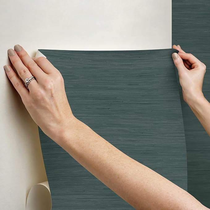 NuWallpaper x Society Social Peacock Classic Faux Grasscloth Peel & Stick Wallpaper, Teal