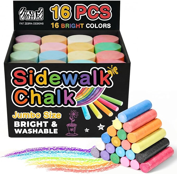 16 PCS Sidewalk Chalk for Kids - 16 Colors, Non-Toxic Washable Jumbo Outdoor Chalks - Set of Outdoor Paint for Kids and Toddlers - Chalkboard Toys - Perfect for Party & Creative Play