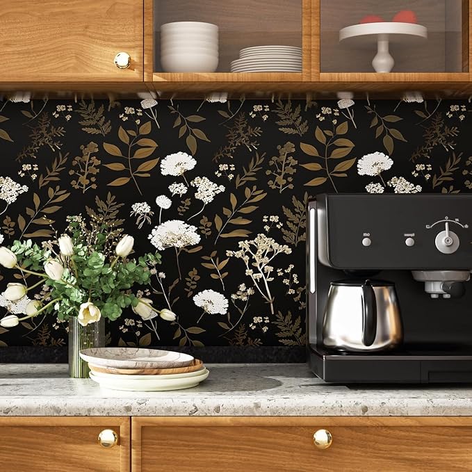 Vintage Dark Floral Leaf Peel and Stick Wallpaper 17.5"x197" | Self Adhesive/Removable/Waterproof/Thick Vinyl Contact Paper for Bathroom Bedroom Shelf Cabinet Drawer,Prepasted,Easy Peel