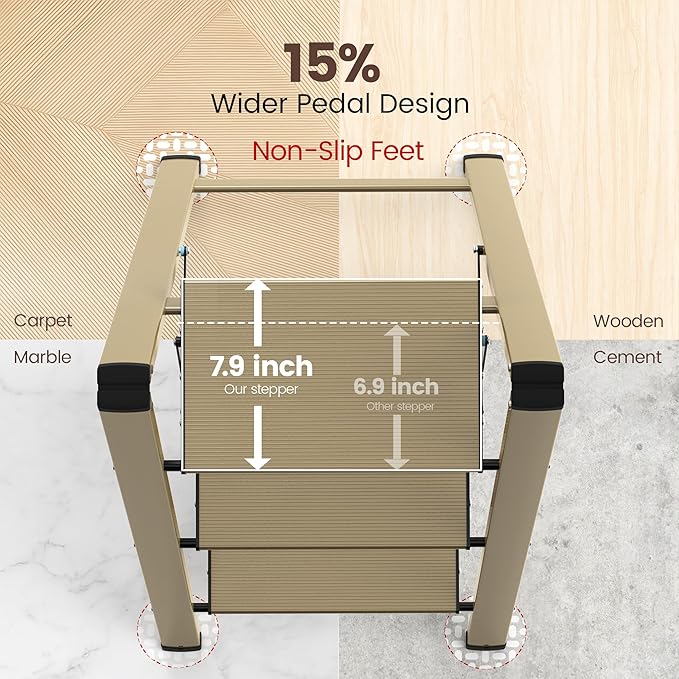 HBTower Step Ladder,Lightweight Aluminum Folding Step Stool with Anti-Slip Wide Pedal,330lbs Capacity Step Ladder for Household,Kitchen,Office - Gold