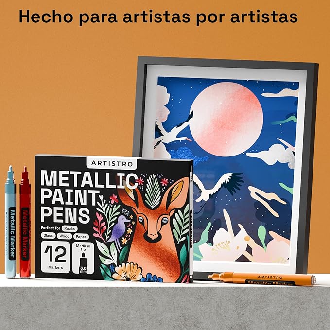 ARTISTRO 12 Metallic Paint Pens for Glass Marking, Rock Painting, Ceramic, Wood, Fabric, Scrapbooking, DIY Craft Making, Coloring - Acrylic Paint Markers Medium Tip 3mm