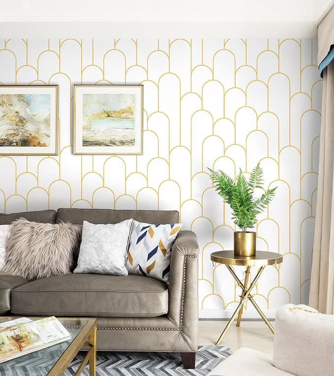 Yasinet Peel and Stick Wallpaper White and Gold Wallpaper Geometric Contact Paper Modern Stripe White Gold Removable Self Adhesive Wall Paper Decorative Wall Bedroom Vinyl Film 17.3''x118''