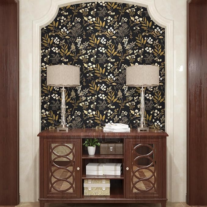 Vintage Floral Peel and Stick Wallpaper 17.5'' x 787'', Black Gold | Self Adhesive/Removable/Waterproof/Thick Vinyl Extra Long Contact Paper for Bathroom Bedroom Shelf Cabinet Drawer,Prepasted