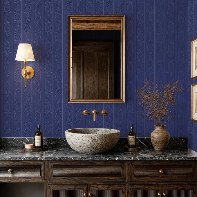 Navy Blue 3D Embossed Textured Peel Stick Wallpaper 17.3"x400" | Removable Renter Friendly Contact Paper, Waterproof Self Adhesive Wallpaper for Bedroom, Bathroom, Decor