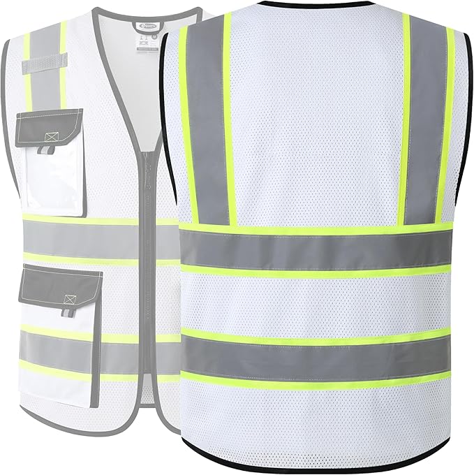 JKSafety Hi Vis Reflective Safety Vests for Men Women High Visibility Vest with Pockets Mesh Fabric Construction Safety Apparel Neon Vest for Work (220-White M)