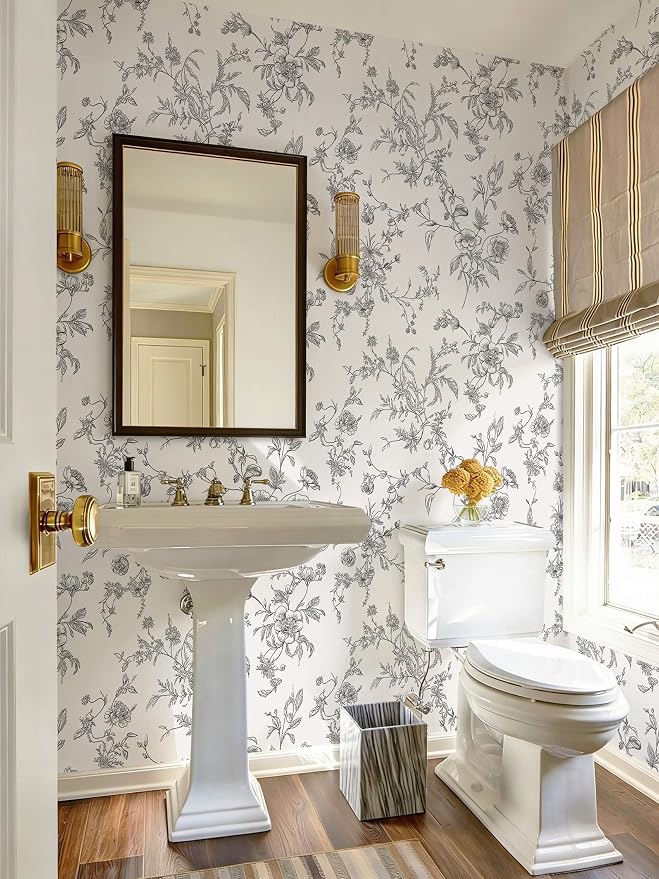 Ismoon Peel and Stick Wallpaper Floral Vintage Stick on Wall Paper Black and White Contact Paper for Cabinet French Textured Removable Self Adhesive Wallpaper Vinyl for Bedroom Wall Deco 17.3 x 196in