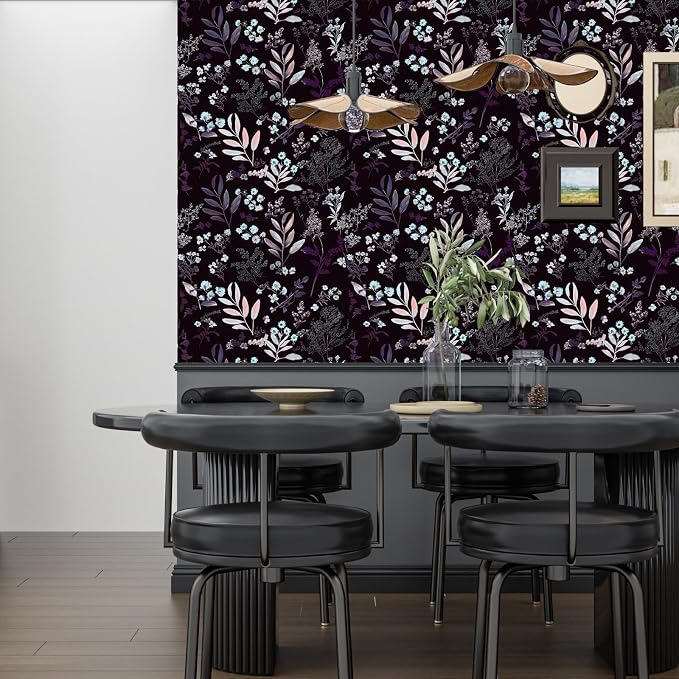 Laatse Vintage Purple Wallpaper Peel and Stick Dark Floral Wallpaper 17.5'' x 118'' Purple Leaf Contact Paper Vinyl Waterproof Self Adhesive Boho Botanical Wall Paper for Bedroom Cabinet Décor