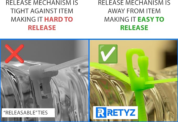 RETYZ 14-Inch Yellow Reusable Releasable Cable Ties – 100 Pack, 120 lb Strength, Patented Quick-Release, Heavy-Duty Design for Industrial and Commercial Use