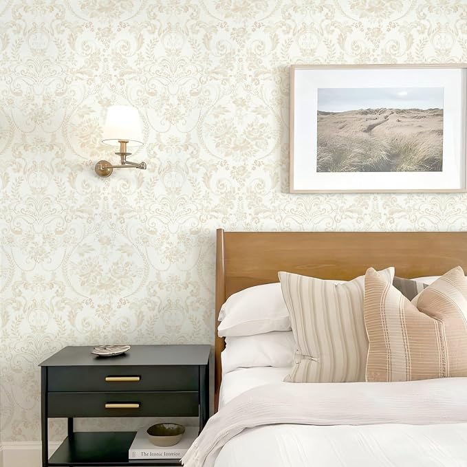 Ismoon Floral Peel and Stick Wallpaper Vintage Beige Contact Paper Watercolor Damask Wallpaper Boho Waterproof Removable Self-Adhesive Wall Paper for Bedroom Shelf Cabinet Décor 17.3in x 6.56ft