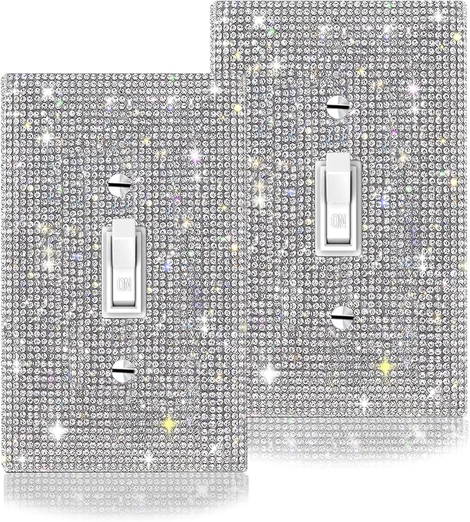 2 PC Shiny Silver Rhinestones Light Switch Wall Plate Cover - Single Gang Decoration