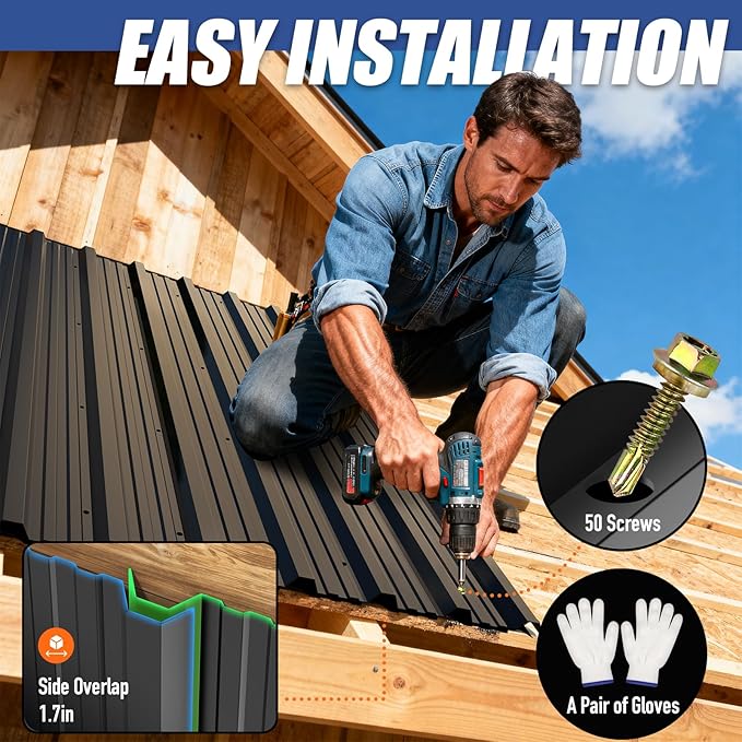 Brakki Corrugated Metal Roofing Panels 10pcs 75.3 ft², Black Galvanized Steel Roof Panels with Screw, Heavy Duty Metal Siding Suitable for Garages Chicken Coop Sheds Stables Patio
