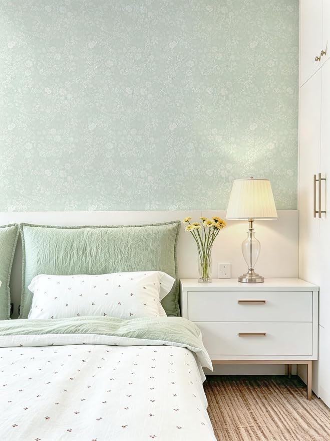 Guvana Sage Green and White Peel and Stick Wallpaper Floral Wallpaper Slef Adhesive Removable Waterproof Contact Paper Boho Wall Paper for Living Room Bathroom Bedroom Kitchen 17.3''x78.7''