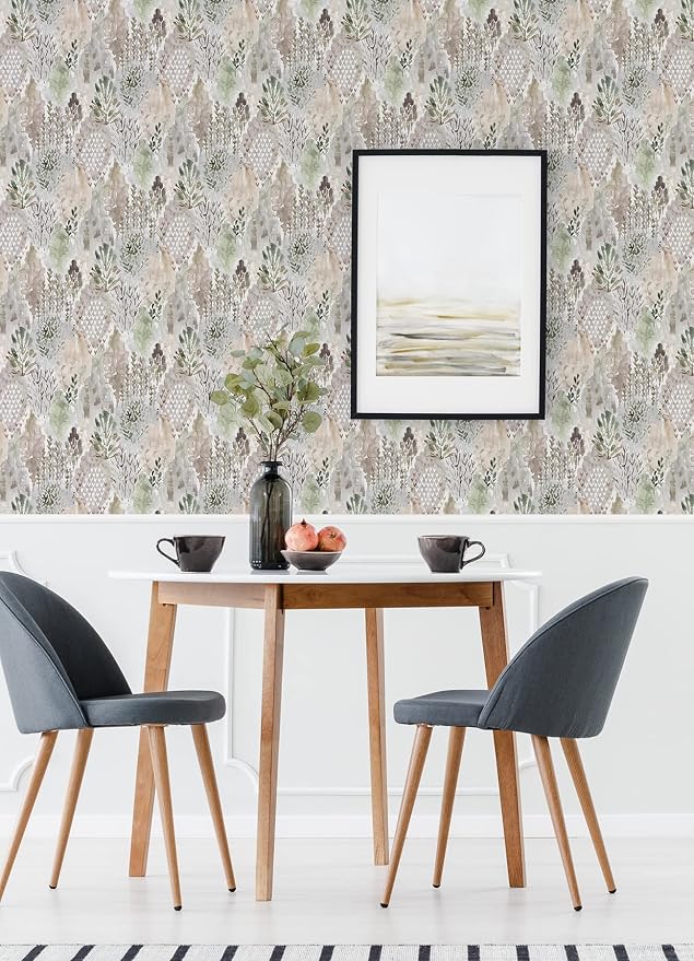 RoomMates RMK12331PLW Taupe Watercolor Tree Mosaic Peel and Stick Wallpaper, Beige/Grey