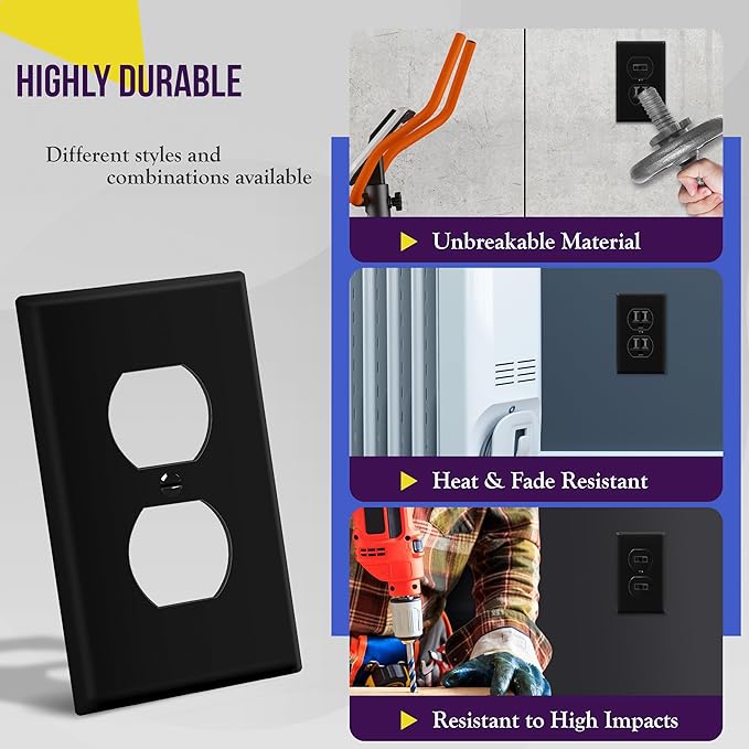 ENERLITES Duplex Receptacle Outlet Wall Plate, Size 1-Gang 4.50" x 2.76", Unbreakable Polycarbonate Thermoplastic, UL Listed, 8821-BK-20PCS, Black (20 Pack)