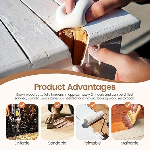 Boncart Epoxy Wood Putty, High Strength Filler Putty, Stainable 2-Part Epoxy Filler, 21.16 oz Structural Wood Repair Kit, Wooden Furniture Repair Kit for Damages (White)
