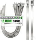 MasiStran Metal Zip Ties 50 Pack 18 Inch, 304 Stainless Steel 300LBS Heavy Duty Zip Ties - Self-Locking Cable Ties for Exhaust Wrap，Chain Link Fence Parts, Outdoor Farms,Pipes