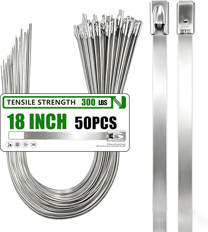 MasiStran Metal Zip Ties 50 Pack 18 Inch, 304 Stainless Steel 300LBS Heavy Duty Zip Ties - Self-Locking Cable Ties for Exhaust Wrap，Chain Link Fence Parts, Outdoor Farms,Pipes