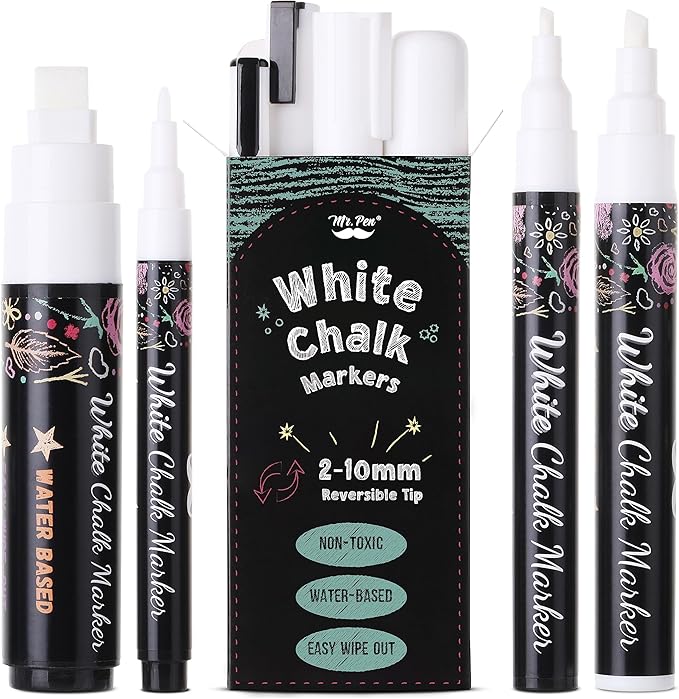 Mr. Pen- Liquid Chalk Marker Pen, 4 Pack, Assorted Size Tip, White Non-Toxic Odorless Chalk Markers, Reversible Chisel & Bullet Tip, Ideal for Non-Porous Chalkboards, Chalkboard Vinyl, Glass & Metal