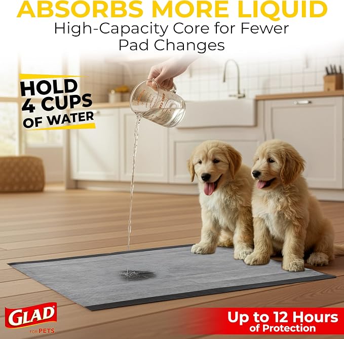 Glad for Pets Extra Large Charcoal Dog Training Pads, Absorbent Leak Proof Pee Pads for Dogs and Puppies, Odor Control Potty Pads with Activated Carbon, 28 x 30 Inches, 30 Count - 6 Pack