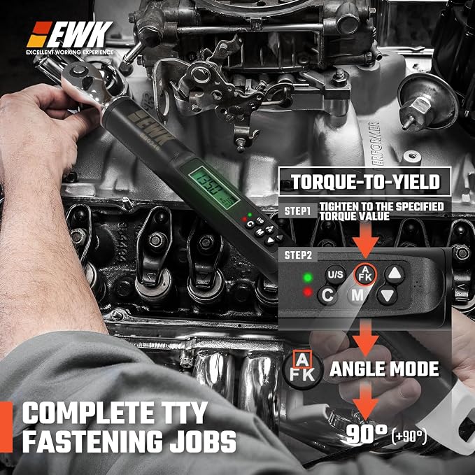 EWK 3/8" Drive Digital Angle Torque Wrench 5-100 ft-lbs (6.8-135 Nm) | ISO 6789, ±1.5% clockwise / ±2.5% counterclockwise/ ±2% Angle, LCD Display, LED Buzzer Vibration Alert, 30 Memory Values