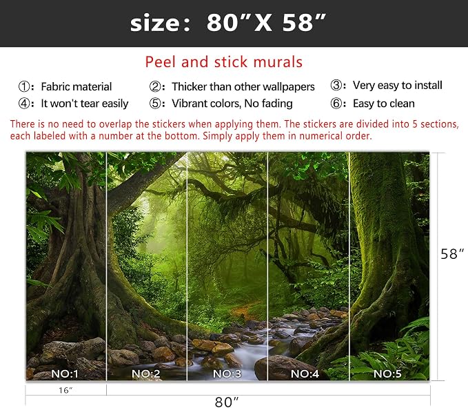 YIHWM-Peel and Stick Green Forest Wallpaper Landscapes Woodland Tree Mural | Tear-resistant,with a substantial feel;Will not be damaged during repositioning.Bathroom,Bedroom wallpaper.S-80"x58"