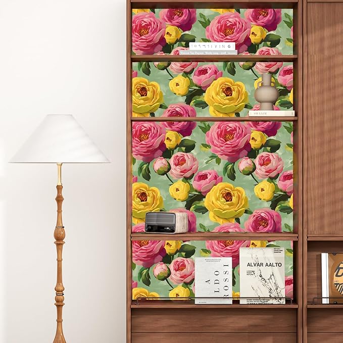 BOKEBEVE Floral Wallpaper Peel and Stick Boho Pink Green 17.5 x 118In | Removable Self Adhesive Renter Friendly Colorful Watercolor Wall Paper for Bedroom Bathroom Living Room Accent Wall