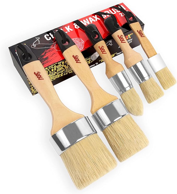 Chalk Paint Brushes for Furniture 5-Piece Set, Natural Bristle Round & Oval - 3 Small & 2 Large Wax Brushes (1-2.5"), for Painting, Stenciling, Waxing, Works with All Chalk Paints, Annie Sloan & Waxes