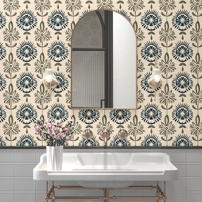 BOKEBEVE Boho Floral Peel and Stick Wallpaper Beige Blue 17.5 x 196In | Symmetry Contact Paper Modern Wall Paper for Bedroom Accent Walls Laundry Nursery Pantry Renter Friendly Removable