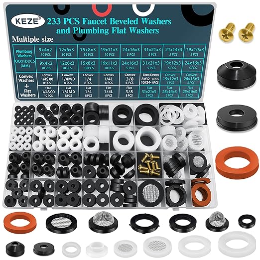 KEZE 233 Pcs Plumbing and Faucet Washers Assortment Kit for Assorted Spigot Water Hose Bib Outside Garden Faucet Splitter Gasket Leak Plumbes Valve Stem Worn Out Repair