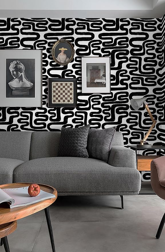 Peel and Stick Wallpaper Black and White Wall Paper Modern Geometric Self-Adhesive Removable Contact Paper Thicken Waterproof Easy to Clean Decorative for Bedroom Bathroom Film 17.3in x 197in