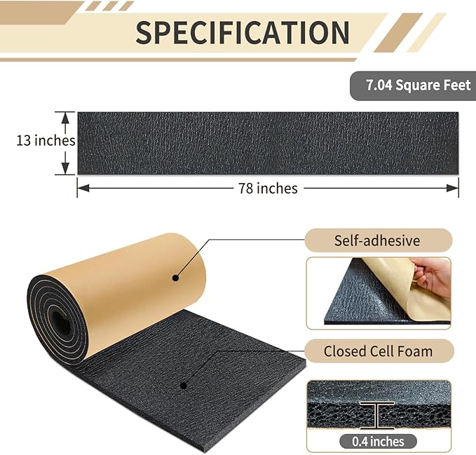 TroyStudio Sound Proof XPE Foam Highly Tear-Resistant, Self-Adhesive 13" x 78" Acoustic Heat Shield Closed Cell Foam Sheet - Waterproof Noise Vibration Thermal Insulation Roll for Home, HVAC and Car