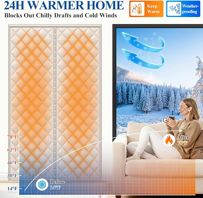 MAGZO Magnetic Thermal Insulated Door Curtain, Fits 34" x 82" Door, Beige | Curtain Size 36'' x 84'', Waterproof Oxford Filled with Thick Cotton, Energy/Bills Saving, Improved Indoor Temperature