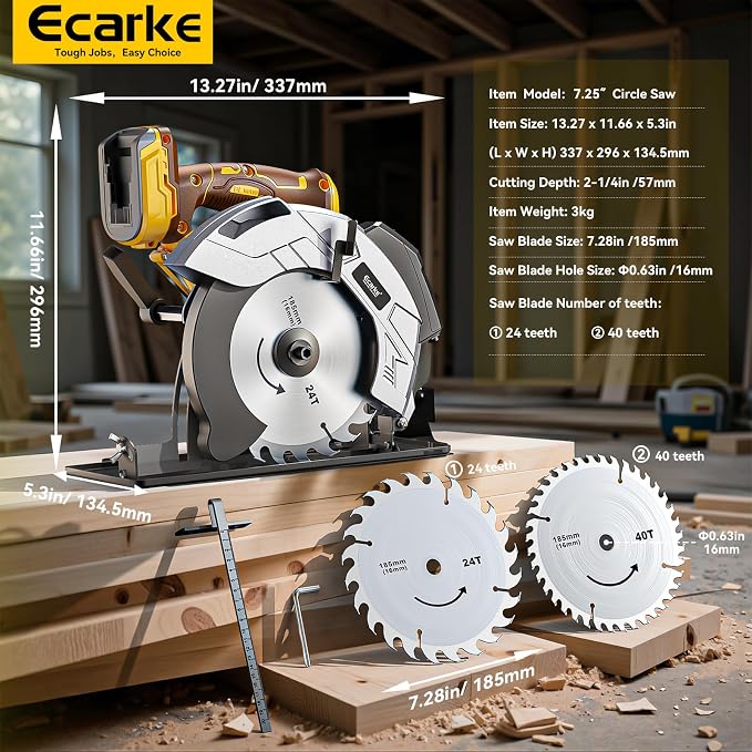 Ecarke 7-1/4" Cordless Circular Saw, Compatible with DeWalt 20V Battery, 5000 RPM Electric Circular Saw with Laser Guide, 2 Blades (24T & 40T), 0–45° Bevel, 2-1/4" Cutting Depth (Tool Only)