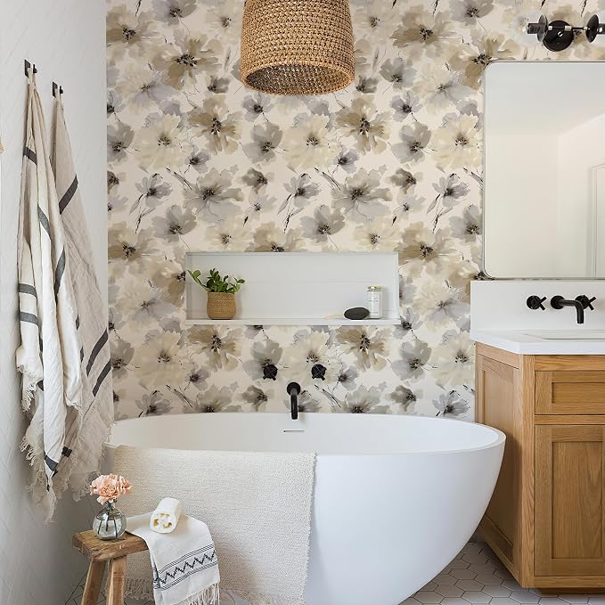 Floral Peel and Stick Wallpaper, Beige Yellow Watercolor Flower Contact Paper Peel and Stick for Bedroom Bathroom, Vintage Removable Waterproof Self Adhesive Wall Paper 1200 x 17.3in, 144.3 sq.ft