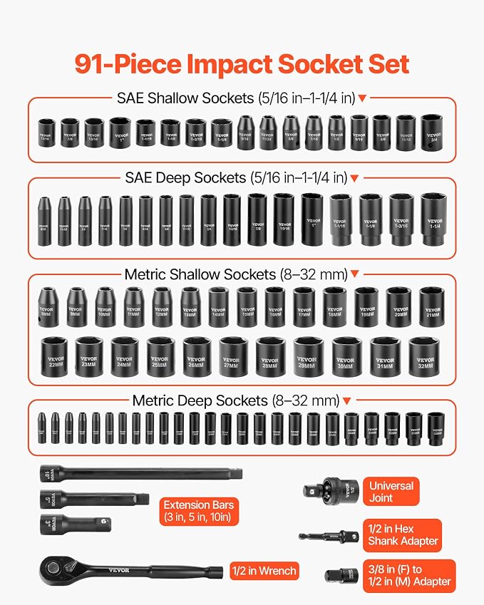 VEVOR 91-Piece 1/2" Drive Impact Socket Set, Deep & Shallow Kit | SAE (5/16" to 1-1/4") & Metric (8 to 32 mm), 6 Point, CR-V, Ratchet Handle, Universal Joint, Adapters, Extension Bars