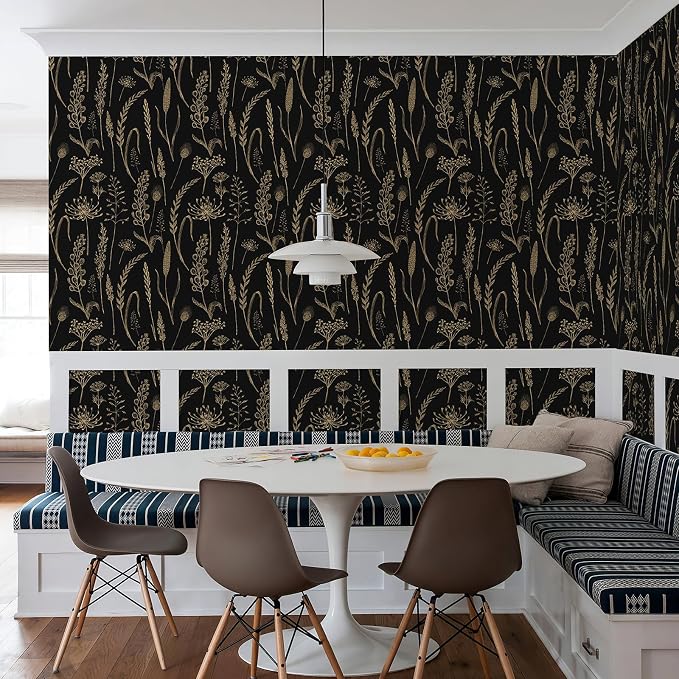 JiffDiff Peel and Stick Wallpaper Black Farmhouse Vintage Contact Paper Wheat Meadow Removable Self Adhesive Wallpaper Black and Gold (14.2 sq.ft)