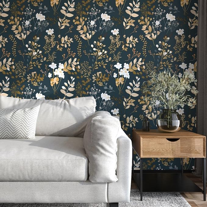 Vintage Dark Navy Gold Floral Peel and Stick Wallpaper 17.5"x787" | Self Adhesive/Removable/Waterproof/Thick Vinyl Extra Long Contact Paper for Bathroom Bedroom Shelf Cabinet Drawer,Prepasted