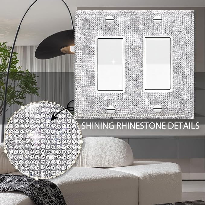 Silver Shiny Silver Rhinestones Switch Wall Plate Double Gang Toggle Light Switch Covers Decorator Plate Outlet Wall Plates