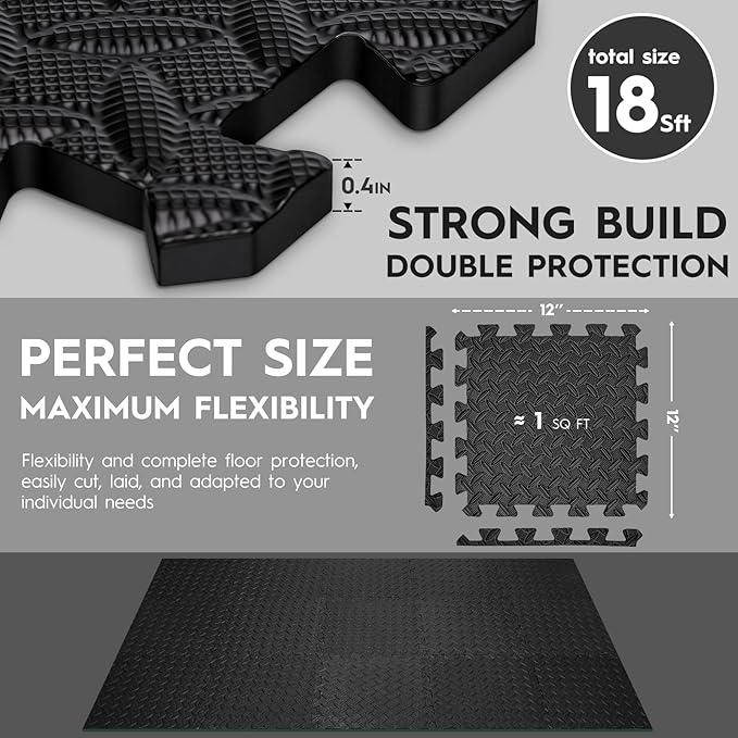 18 Tiles Puzzle Exercise Mat, EVA Interlocking Foam Floor Tiles, Non-Slip, Protective, Water-Resistant Flooring for Home Gym & Workout Equipment, 12.6" x 12.6" x 0.4", 18 Sq Ft