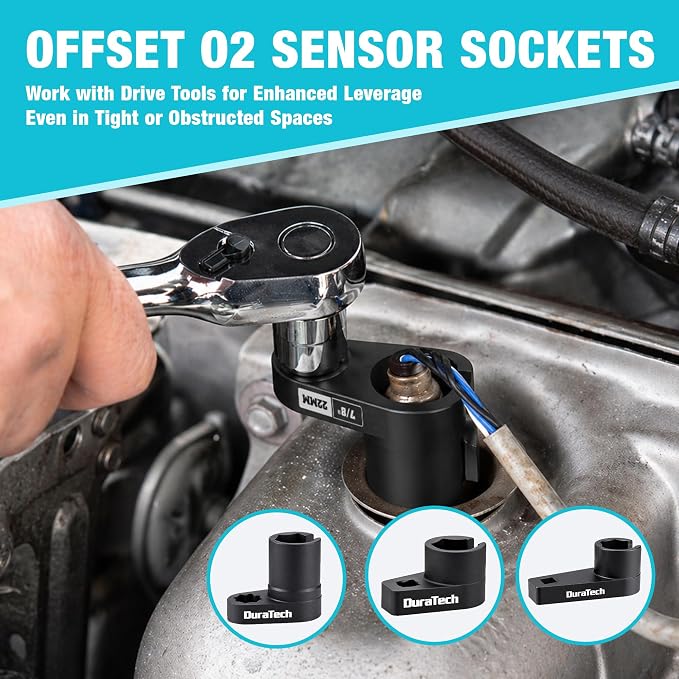 DURATECH 12PCS O2 Oxygen Sensor Socket Set with Storage Case | 22mm, 27mm, 29mm, 7/8" and 1-1/16" Sockets, 3/8" & 1/2" Drive, Thread Chasers