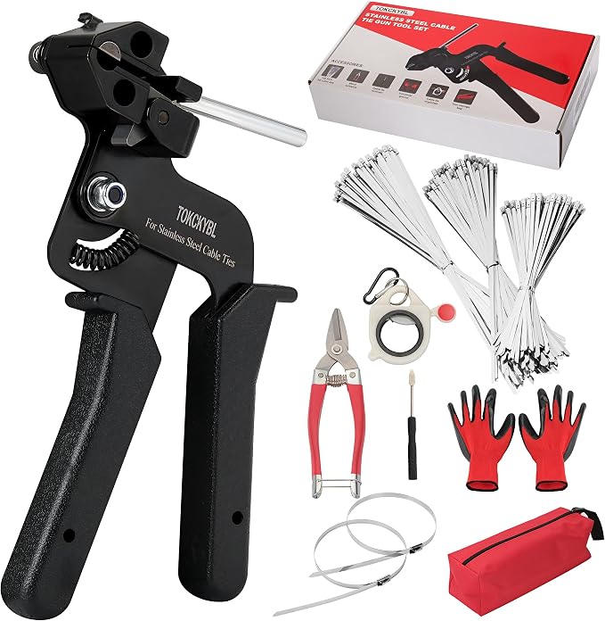 Stainless Steel Cable Tie Gun Set – Heavy Duty Metal Zip Tie Tool Kit with 150PCS Self-Locking Ties, Adjustable Fastening & Cutting Tool for Outdoor Fencing, Exhaust Pipes(Black)