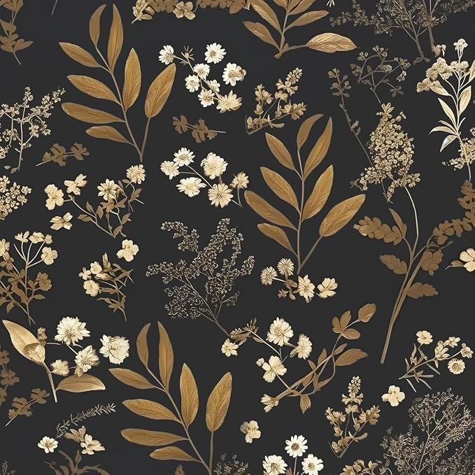Vintage Floral Peel and Stick Wallpaper 17.5'' x 787'', Black Gold | Self Adhesive/Removable/Waterproof/Thick Vinyl Extra Long Contact Paper for Bathroom Bedroom Shelf Cabinet Drawer,Prepasted