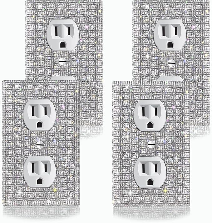 4 PC Shiny Silver Rhinestones Outlet Covers Wall Plates Light Switch Cover Plate Outlet Cover Rhinestones Outlet Plate Decoration Wall Electrical Outlet Cover Plates