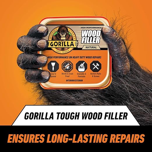 Gorilla All Purpose Wood Filler, Natural Finish, 16 Ounce Tub (Pack of 1) - Water Resistant for Indoor or Outdoor Projects and Repairs
