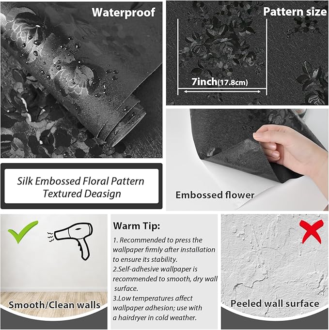 Black Peel and Stick Wallpaper Silk Embossed Floral 787.4in17.7in | Textured Thicken Self Adhesive,Waterproof Contact Paper for Cabinets,Bedroom Bathroom Wall Decor,Renter Friendly,Easy Removal