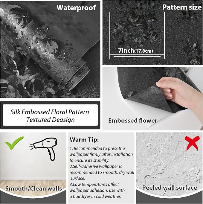 Black Peel and Stick Wallpaper Silk Embossed Floral 512inL 17.7inW | Textured Thicken Self Adhesive,Waterproof Contact Paper for Cabinets,Bedroom Bathroom Wall Decor,Renter Friendly,Easy Removal